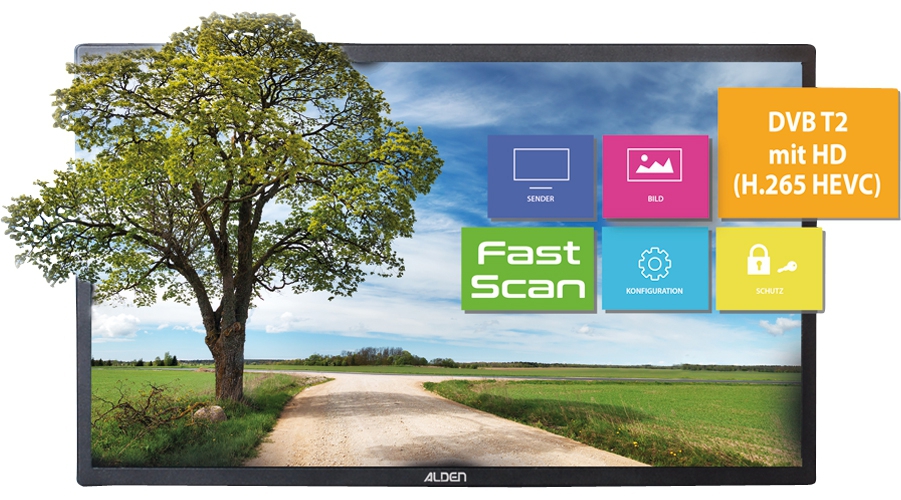 Alden Onelight 65 HD vollautomatische Sat-Anlage inkl. S.S.C. HD-Steuermodul und Ultrawide LED TV  24