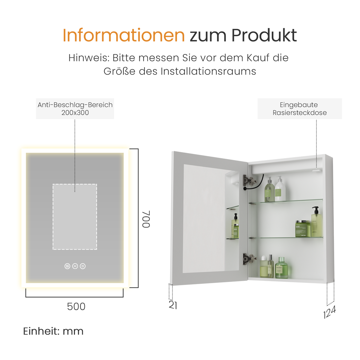 EMKE Badkamerspiegelkast met LED-verlichting, Spiegelkast met fitting, 3 dimbare lichtkleuren, Anti-condens, Wit, 50 x 70 cm