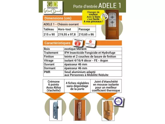 Porte D'Entrée Bois Vitrée, Adele, H,215Xl,90 P,Gauche Côtes Tableau