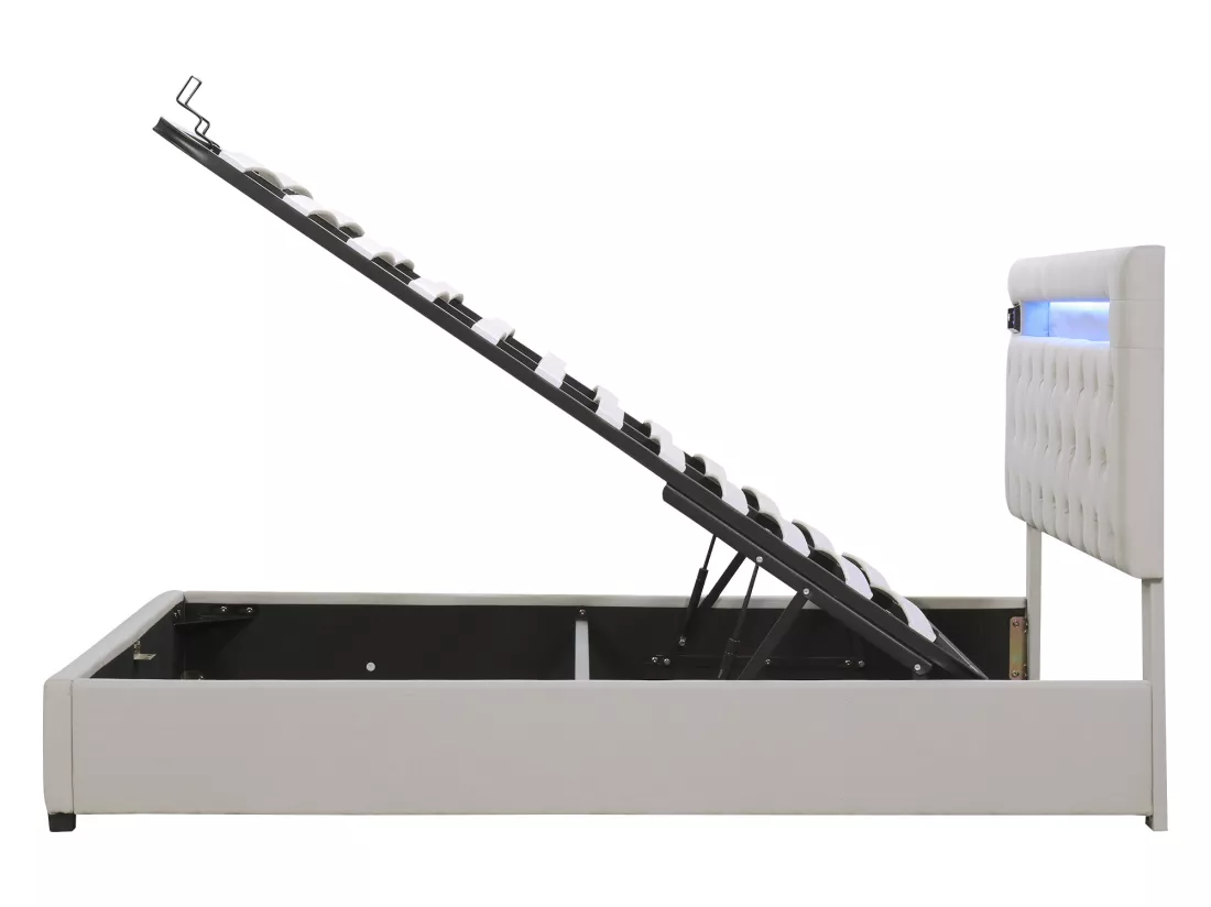 Lit coffre 140x200cm en lin avec Led + ports USB + lecteur bluetooth - sommier à lattes - Beige