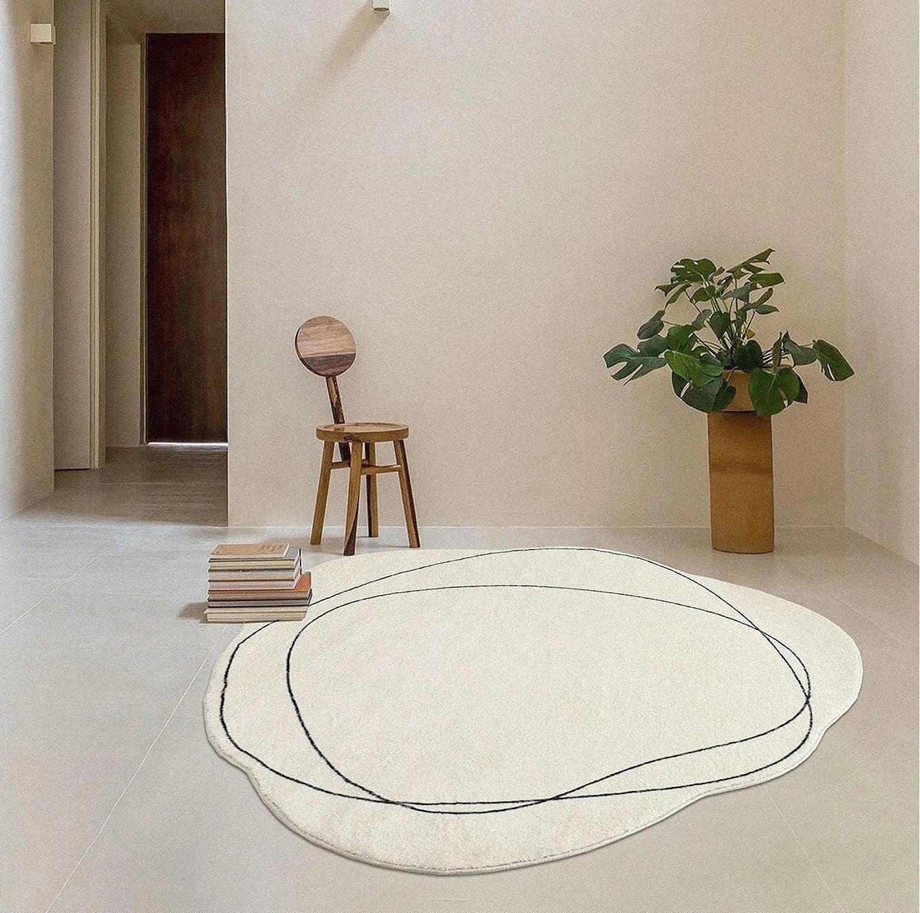 Modern White Irregular Abstract Line Art Rug Carpet | Minimal Home Decoration Plush Floor Mat
