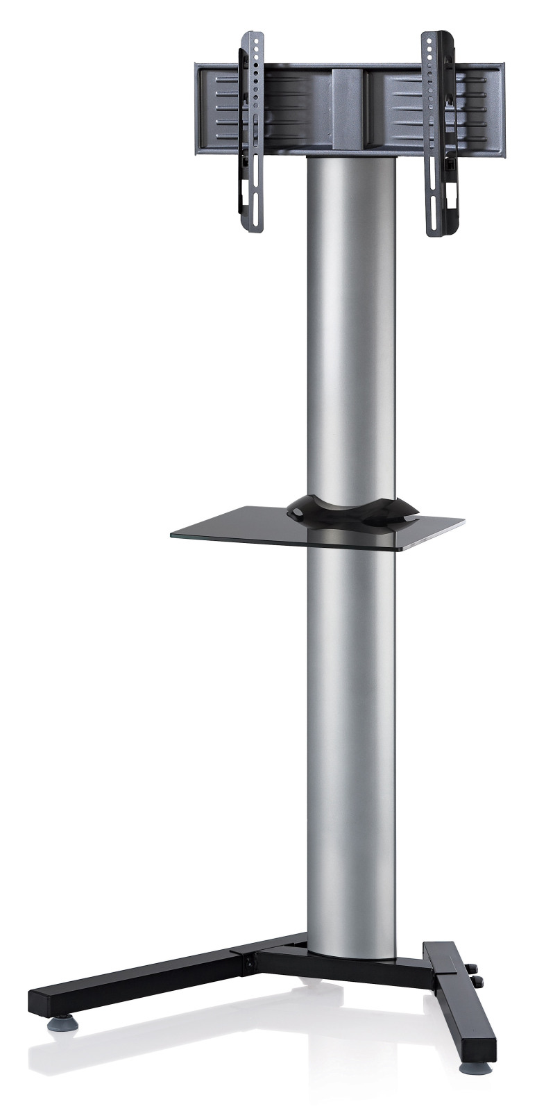 TV-Standfuß STADINO MAXI - silber-Schwarzglas - mit Ablage