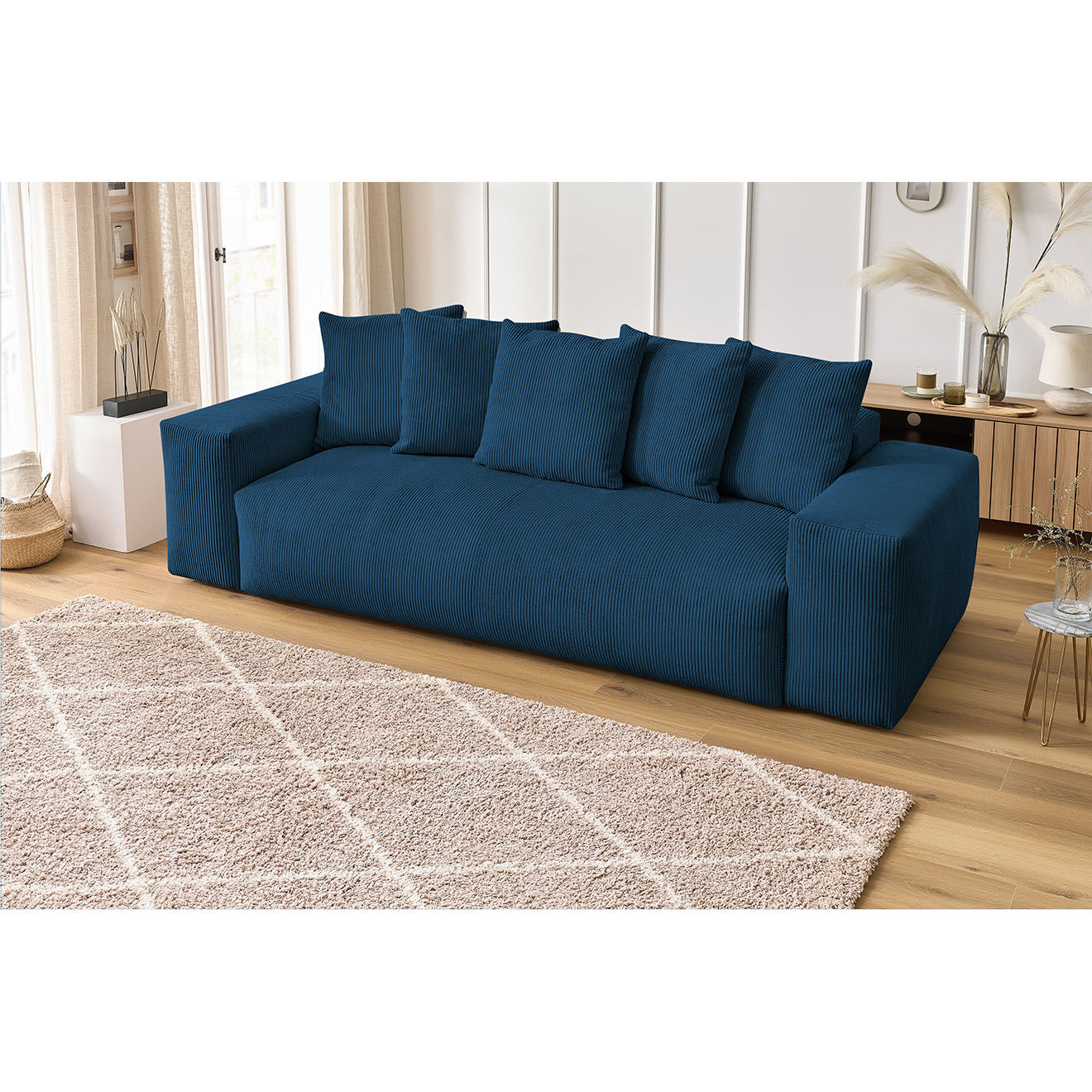 Bobochic Canapé droit fixe 3 places ultra moelleux voltaire velours côtelé bleu foncé - 280x124x75 cm