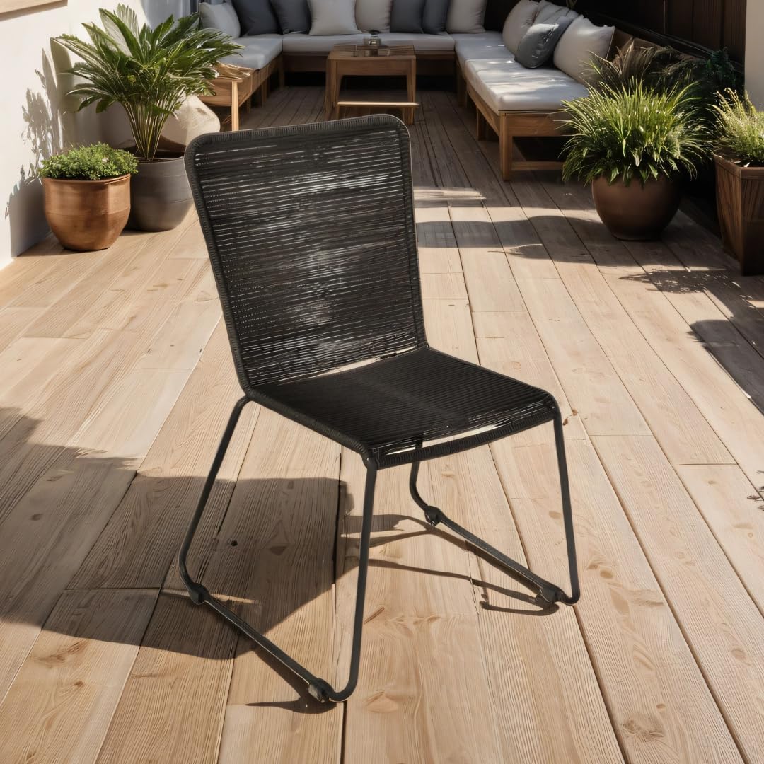 Loreno 6er Set Outdoor Seilstuhl ISRA – Stapelbare Gartenstühle mit Grauer Seilbespannung aus Polyester & schwarzem Eisen-Gestell – Modernes Rope Chair Design für Garten, Balkon & Terrasse, Schwarz