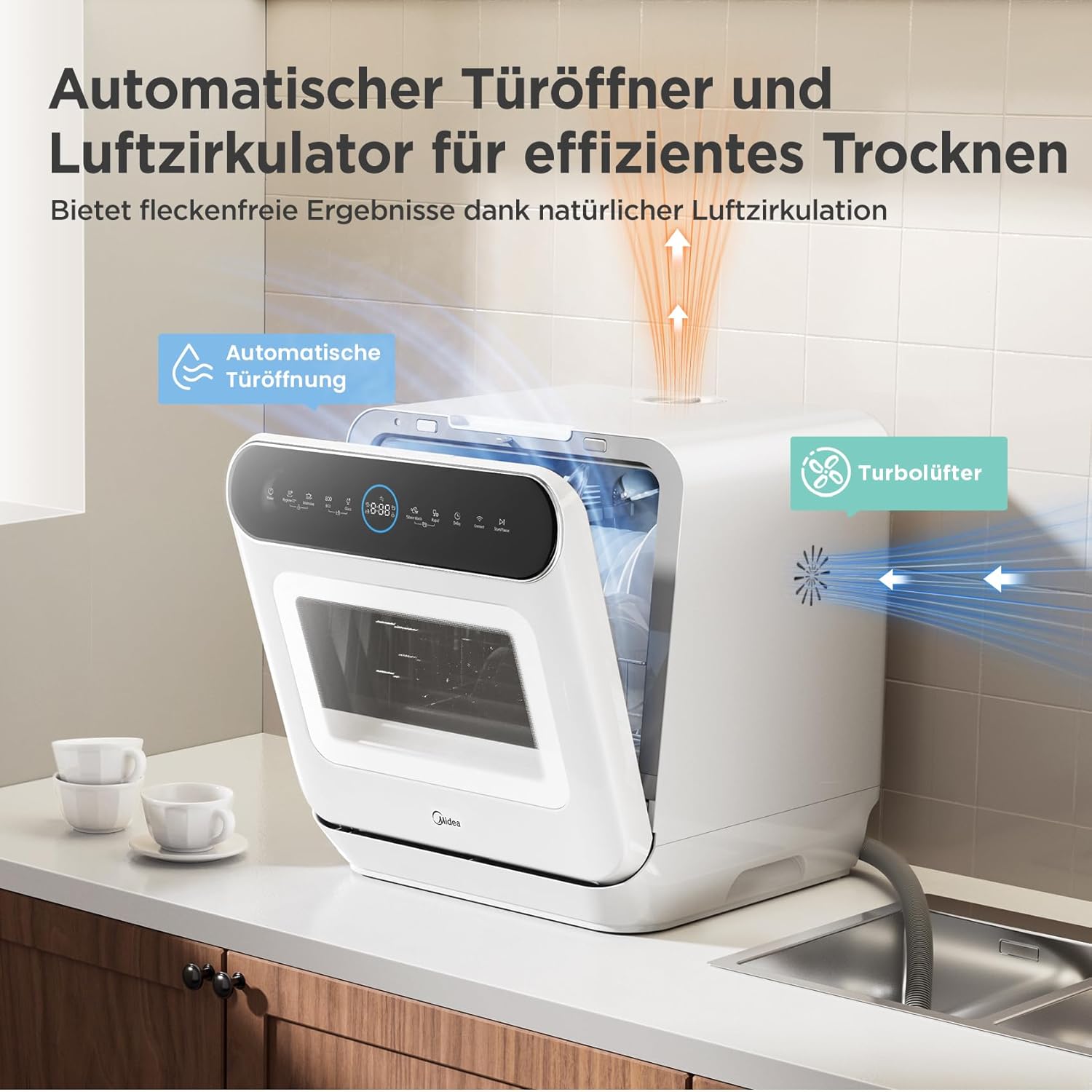 Midea Tischgeschirrspüler für 3 Gedecke, mit und ohne Wasseranschluss Verwendbar, IOT-Steuerung, 6+1 Programme, Touch Control, Mini Geschirrspüler für Wohnungen, Schlafsäle und Wohnmobile