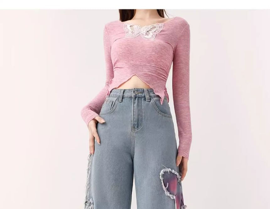 Vhancy - High Waist Washed Butterfly Wide Leg Jeans