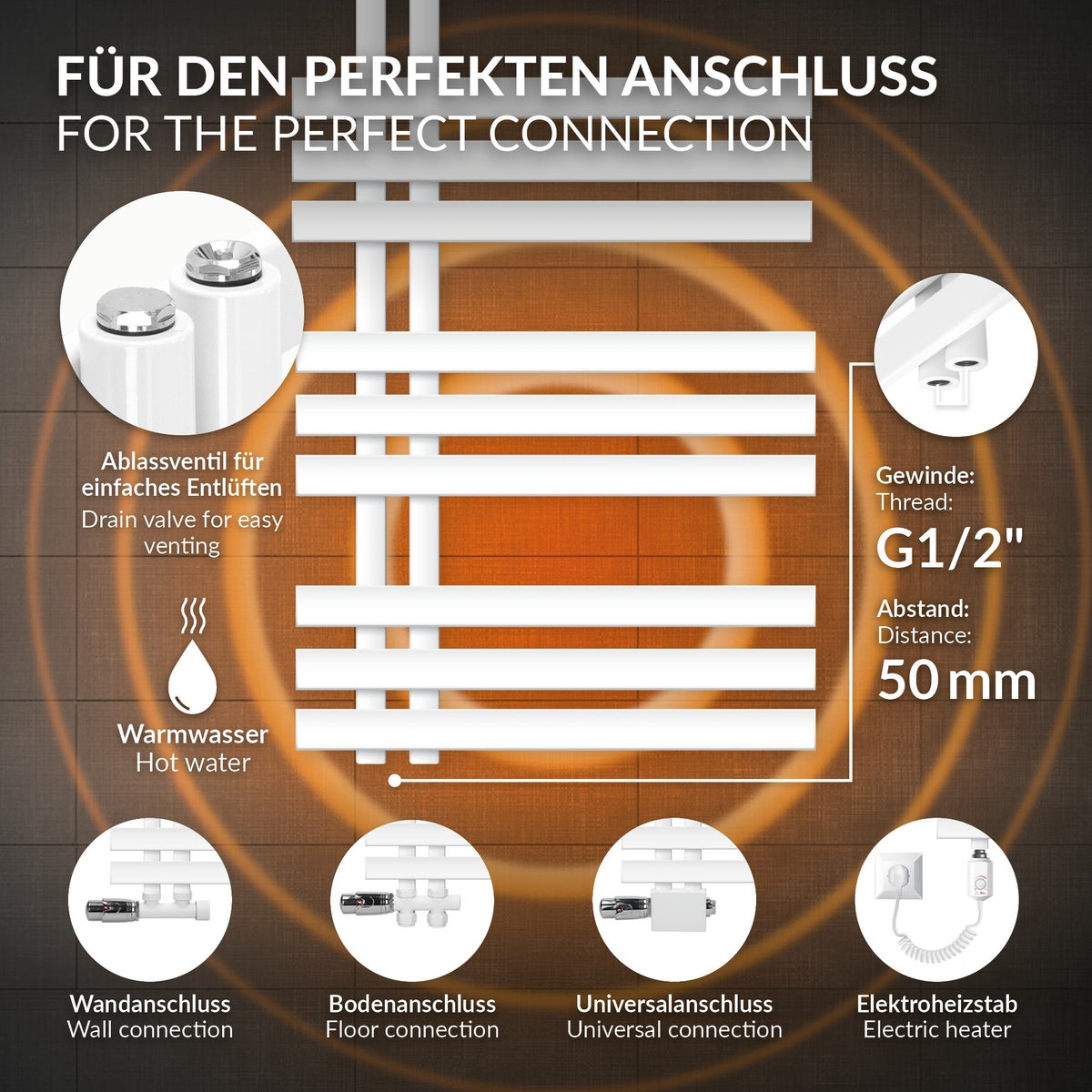 LuxeBath badkamerradiator Iron EM 500x1200 mm wit, middenaansluiting met aansluitset, thermostaat, universeel, hoek- en doorloopmodel, designradiator, handdoekwarmer, handdoekdroger, handdoekradiator