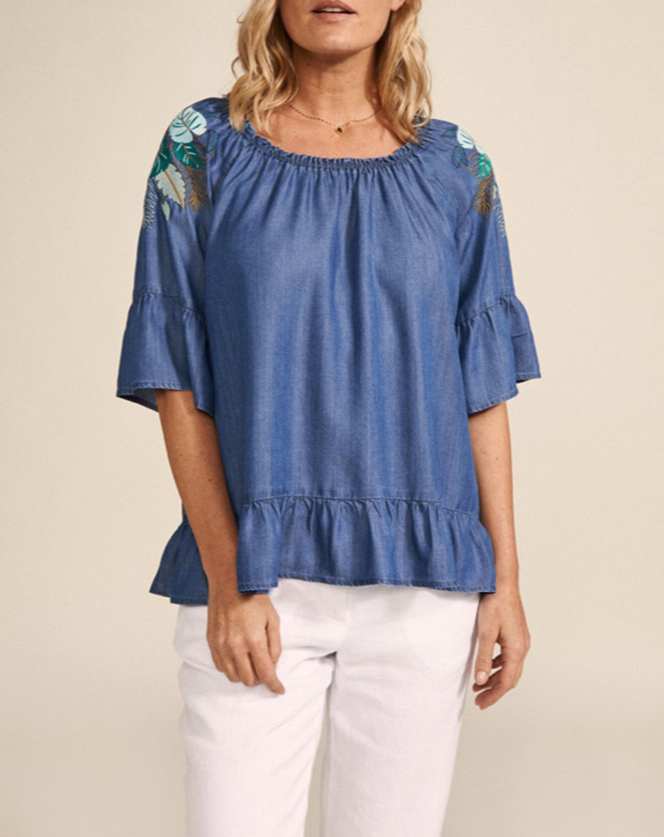 Devernois Blouse Carolane à volant bleu jean