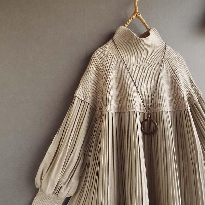 YARU - Blouse met lange mouwen en coltrui, effen gebreid paneel en plooien