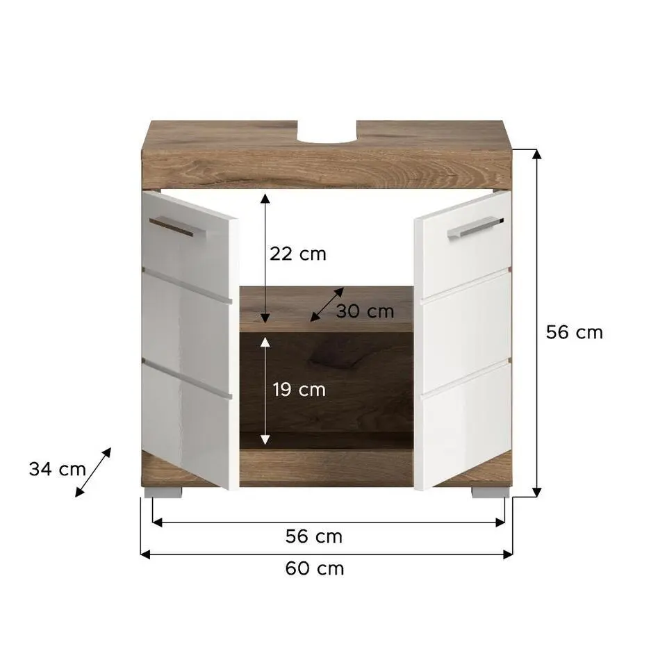 Hioshop Wave wastafel 2 deuren wit hoogglans- eiken decor