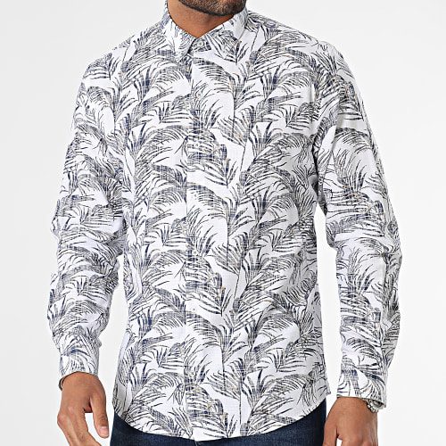 Chemise Manches Longues Floral Blanc Bleu Marine