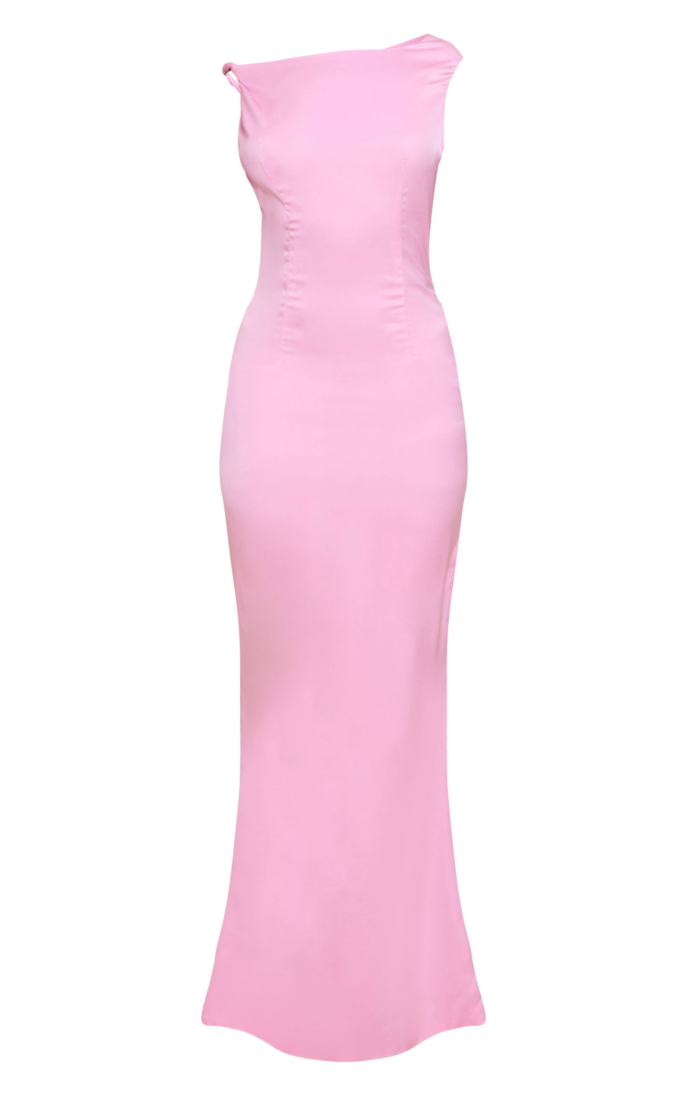 Rose Bonbon Robe Longue Asymétrique En Satin Avec Col Bardot Torsadé