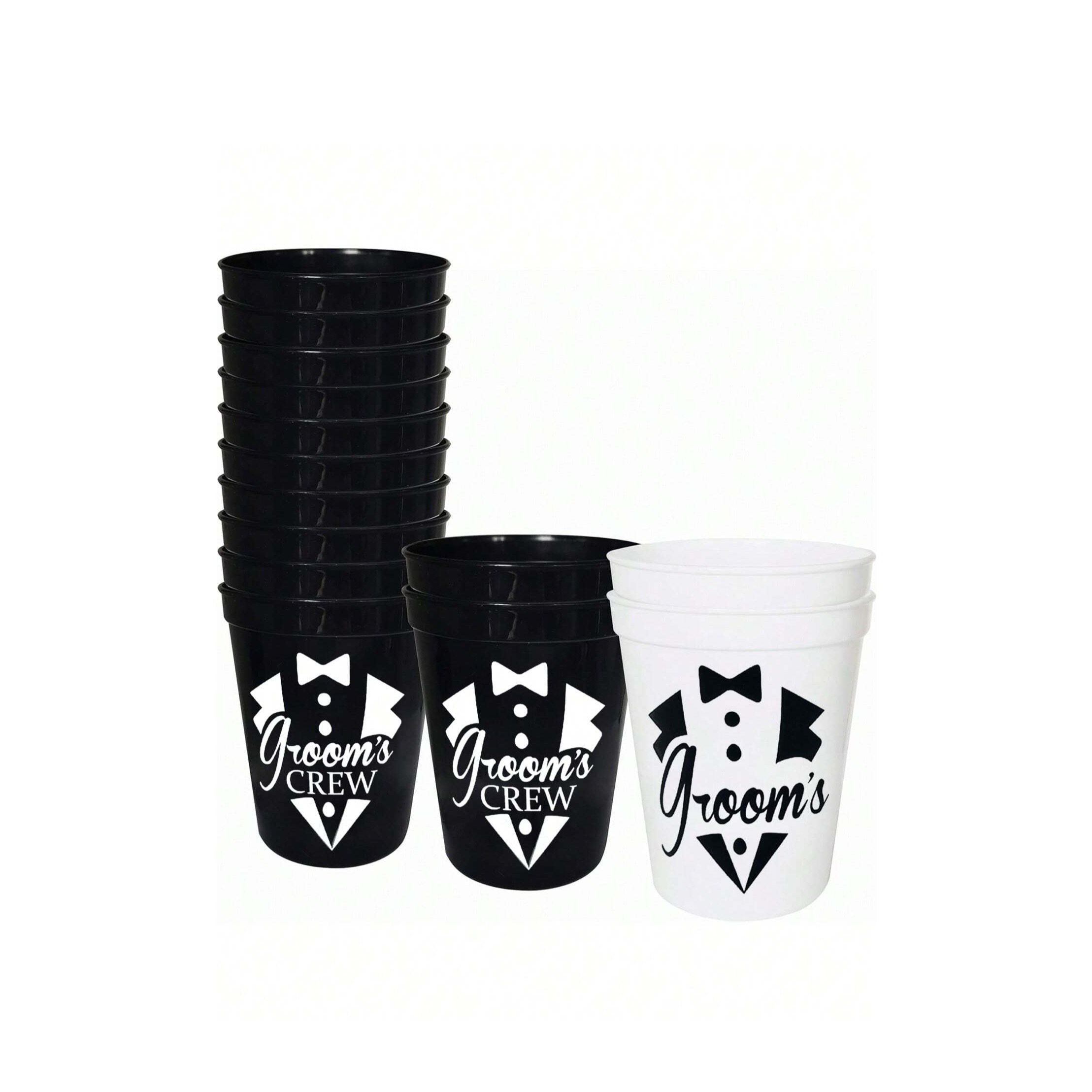 (12er Set) Mehrweg Becher Groom's Crew Bachelor Party Cups Junggesellenabschied Tisch Deko - Schwarz / Weiss