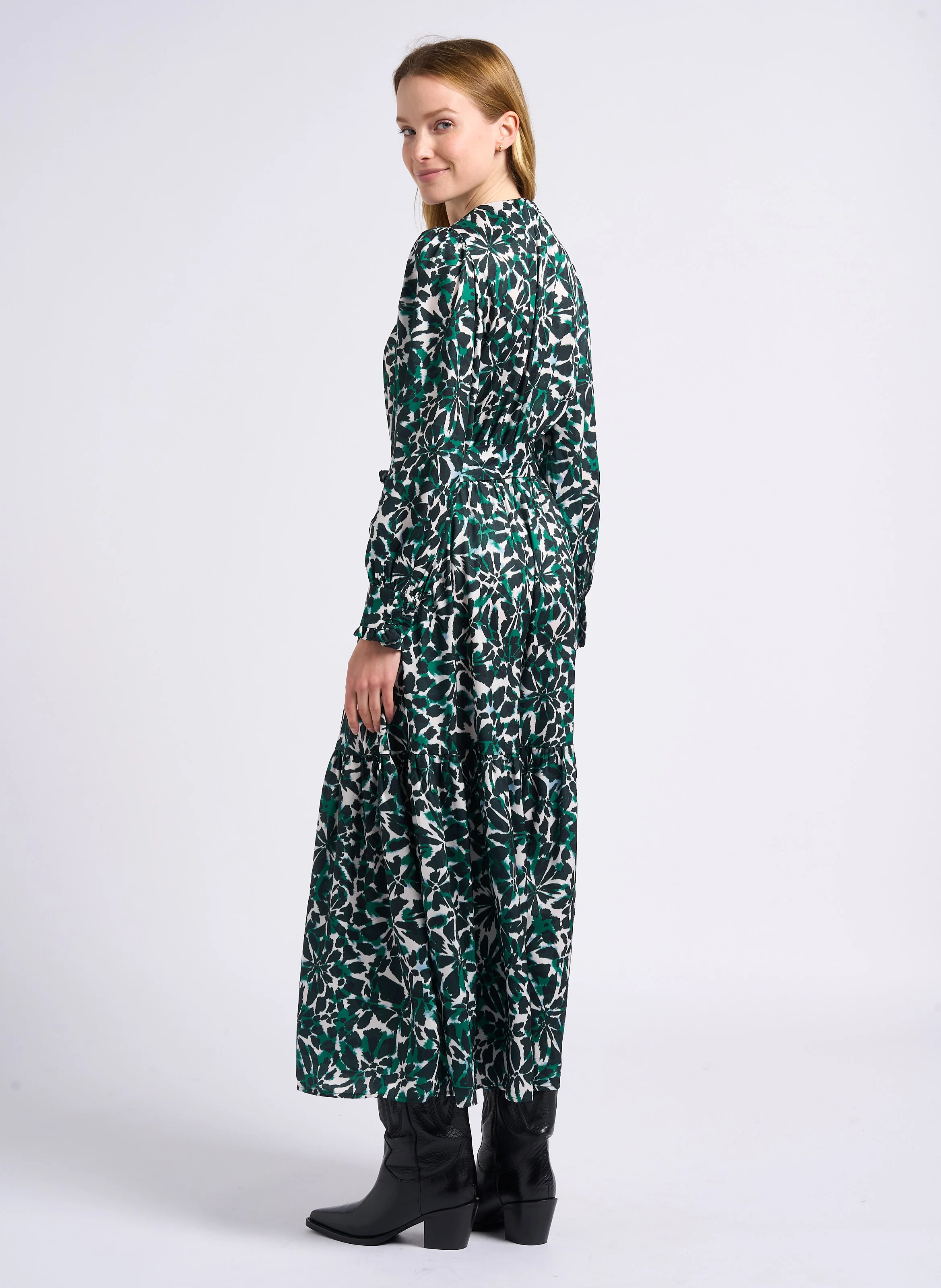 CLELIE - Robe longue col rond imprimée| Vert