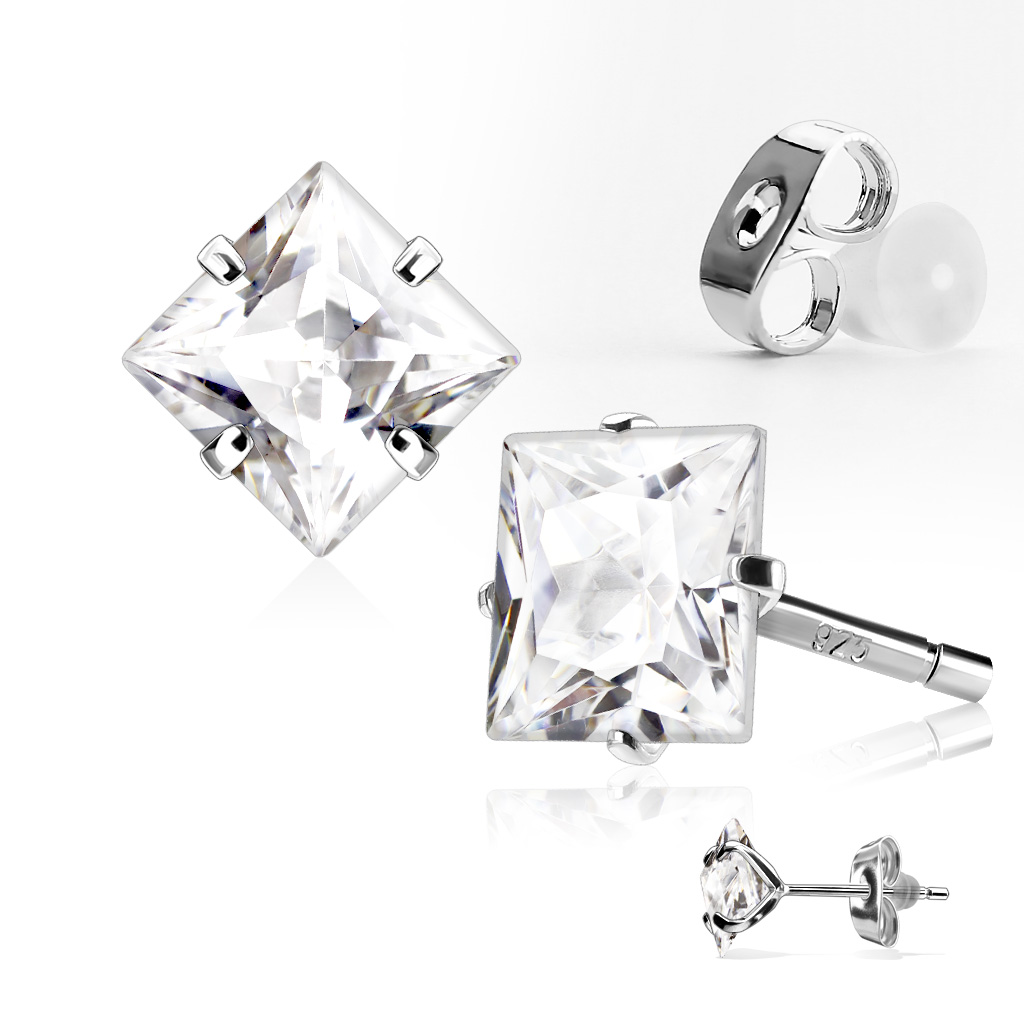 (1 Paar) 4mm 925er Echtsilber Ohrringe Ohrstecker Strass Quadrate - Silber