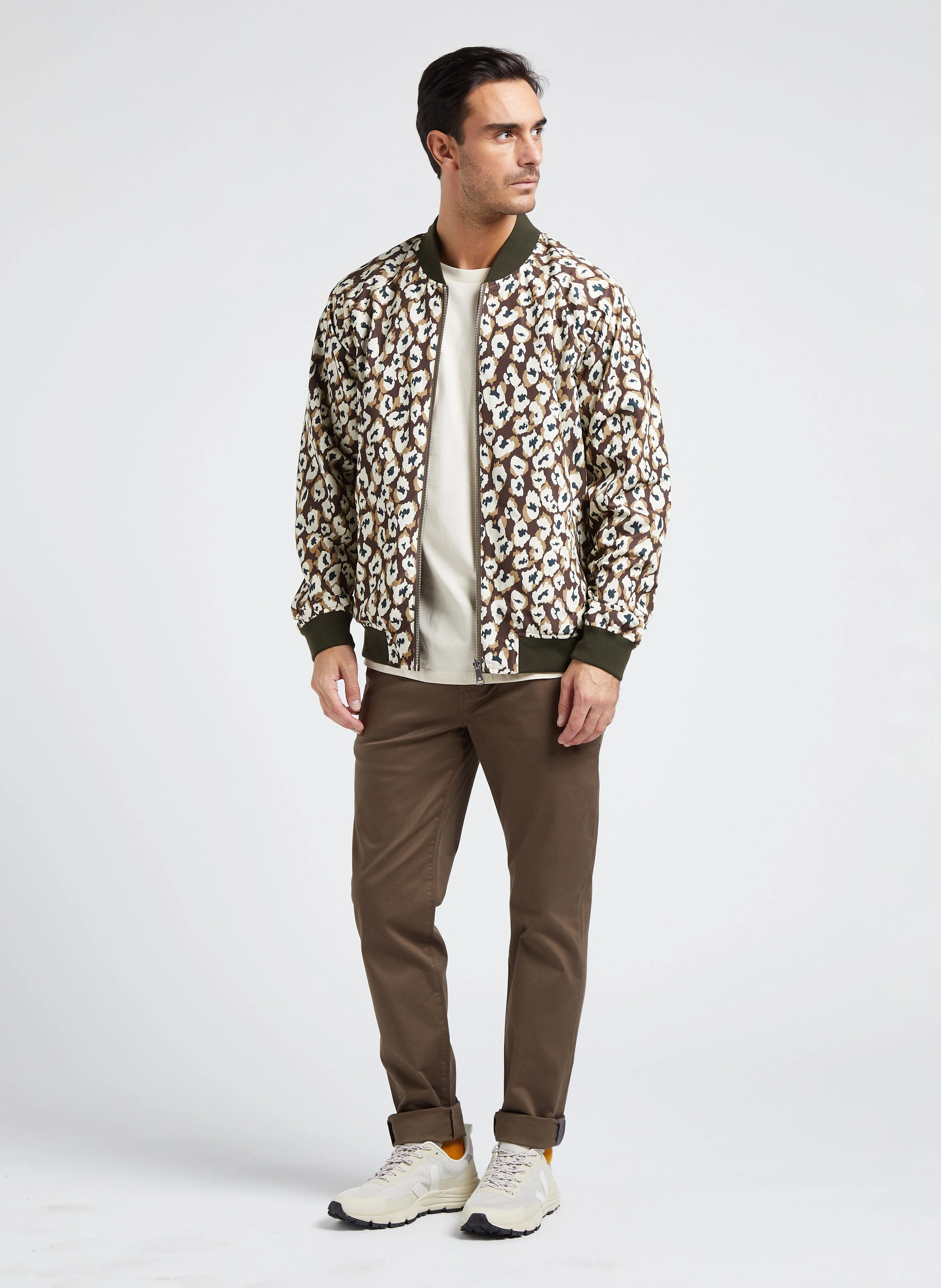 Blouson col rond à imprimé léopard réversible | Kaki