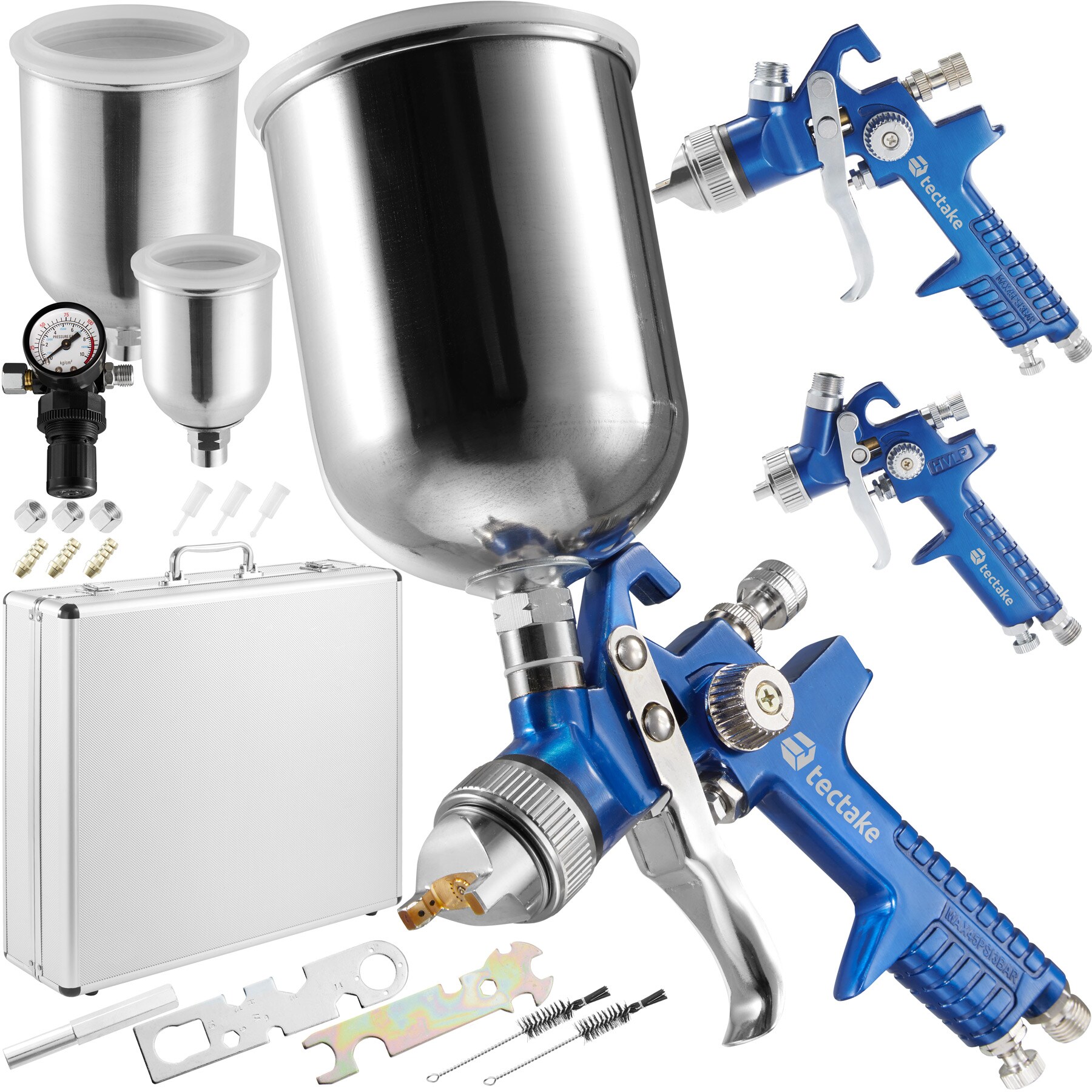 tectake® HVLP-Lackierpistolen-Set, 0,8 / 1,3 / 1,7 mm-Düse, korrosionsbeständig, inklusive Aluminiumkoffer