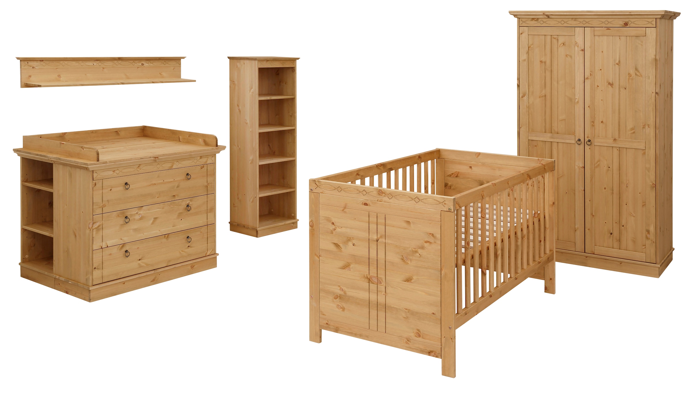 Lüttenhütt Babyzimmer-Komplettset »Indra, FSC® zertifiziertes Massivholz, zum Jugendzimmer umgestaltbar« Kleiderschrank, Bett, Kommode + Aufsatz, Unterbau-, Wand- & Standregal,