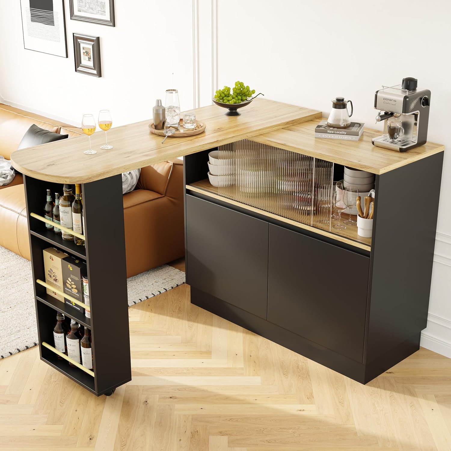 Kebnor Um 360° drehbare Essbar (Hauptkörper 90 x 45 x 100 cm), modernes, einfaches, multifunktionales, drehbares Sideboard mit Ablageflächen und Glas, geeignet für Küchen und Restaurants (schwarz)