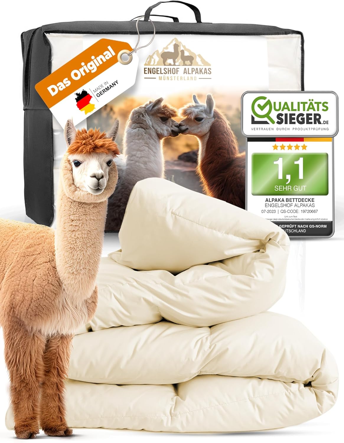 Engelshof Alpaka Bettdecke, Alpaka Decke 155x220 cm, Sommer leicht Duvet Alpaka Wolle ist viel Besser als Kamelhaardecke, Schafwolle Bettdecke oder Lama Decke mit 900g Alpakawolle