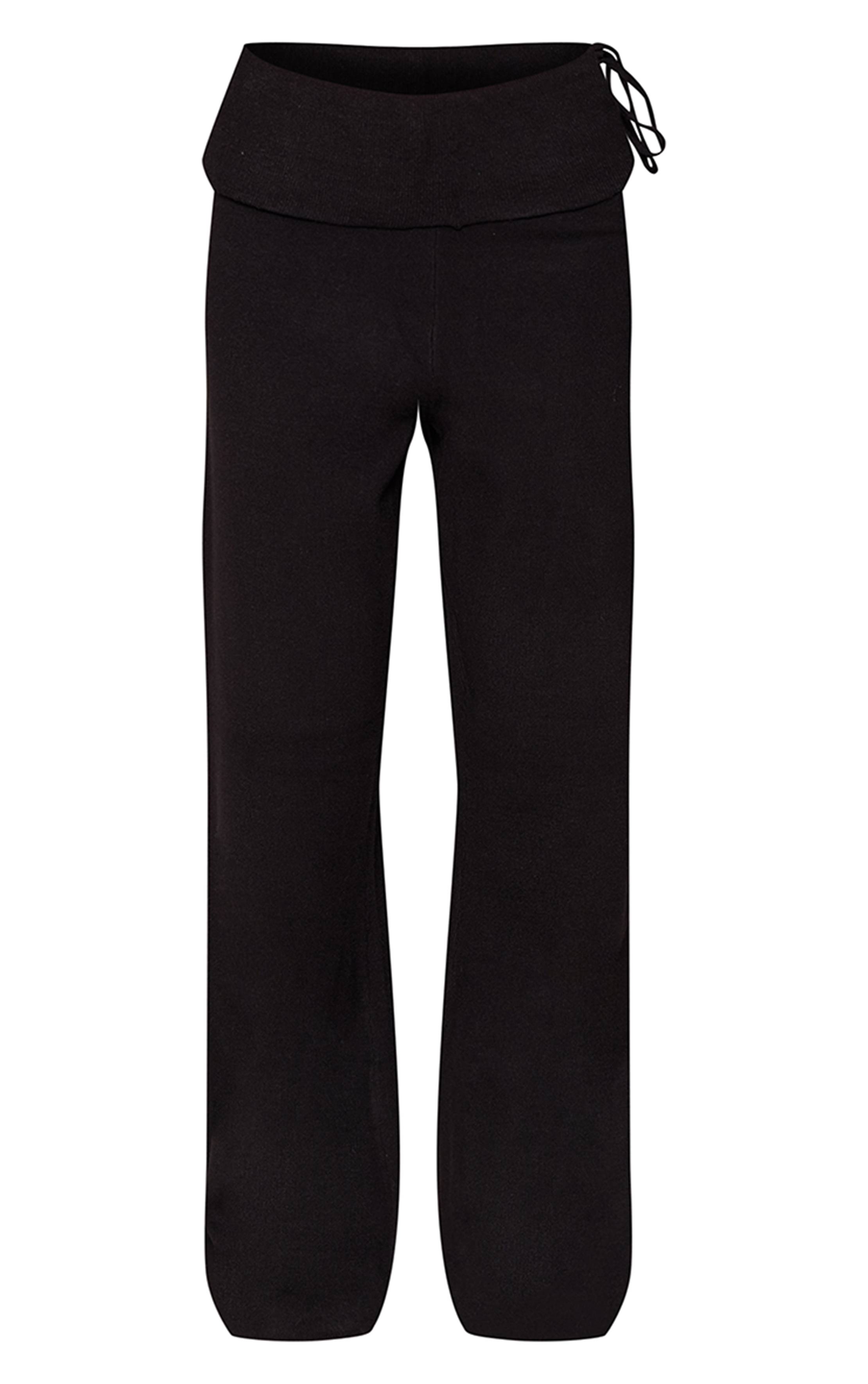 Noir Pantalon Large Tricoté À Taille Repliable Et Liens Latéraux