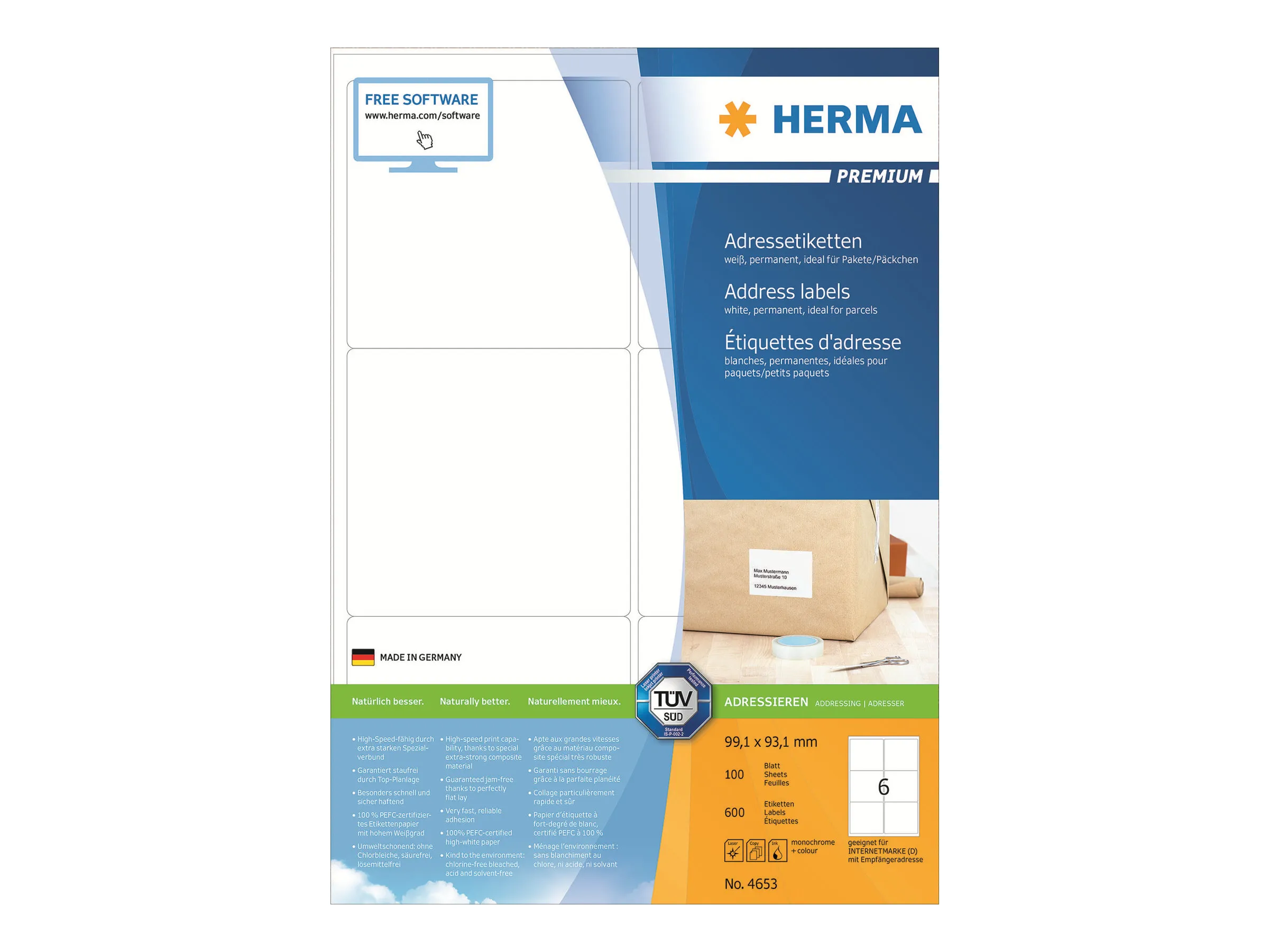 HERMA Premium etiket 93.1 x 99.1 mm mat hvid permanent selvklæbende (pakke á 600 stk.)