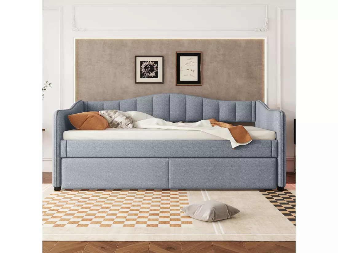 Lit gigogne 90/180 x 200 cm avec 2 tiroirs - tissu en lin - LEDs - gris (sans matelas)