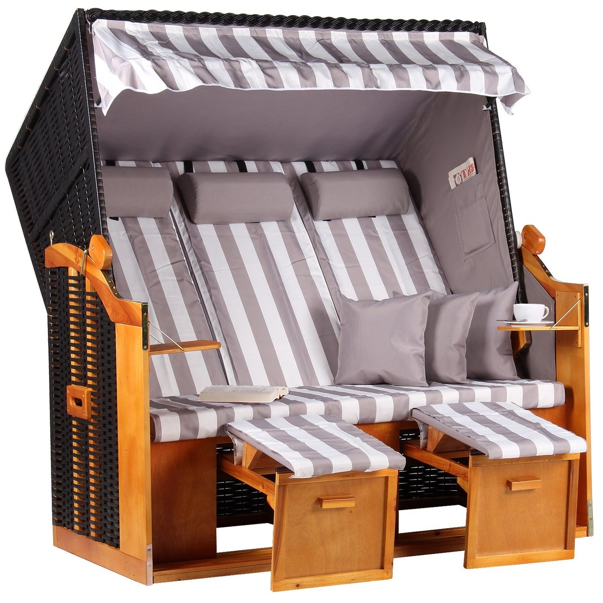 Baltische strandstoel, driezits, PE, zwart, grijs en wit design