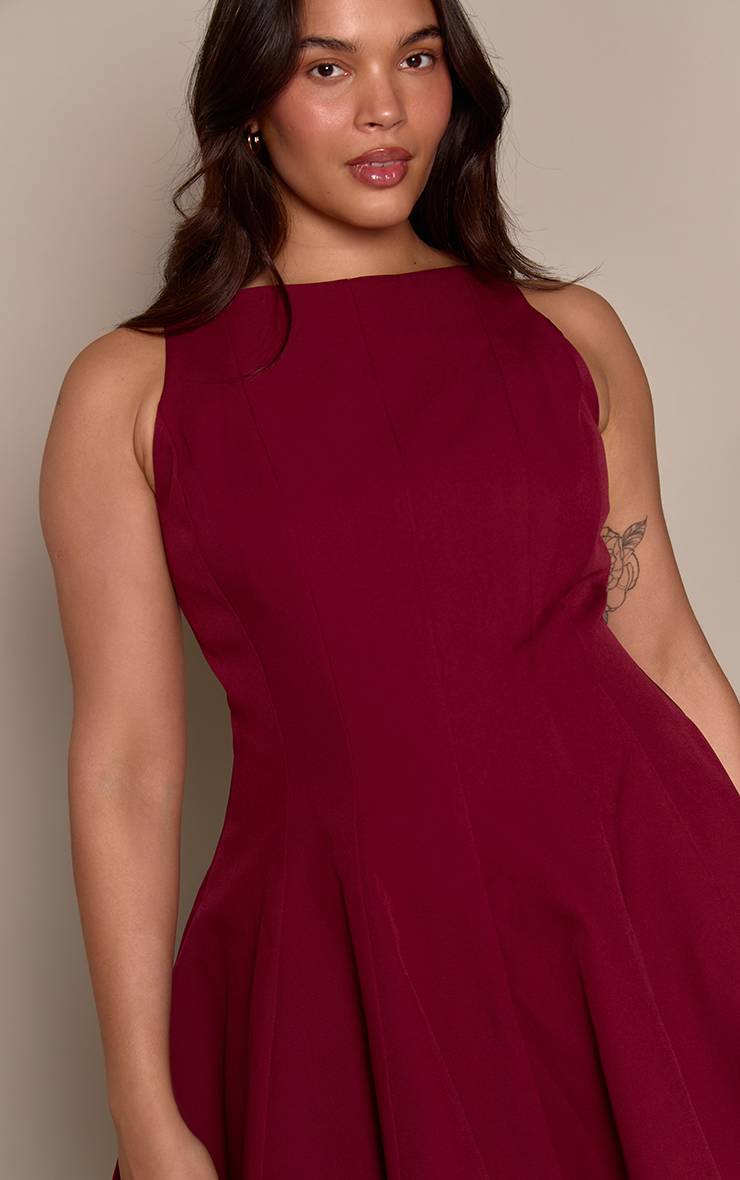 Rouge Bordeaux Robe Droite Grande Taille En Tissu Tissé Plissé À Encolure Oblique