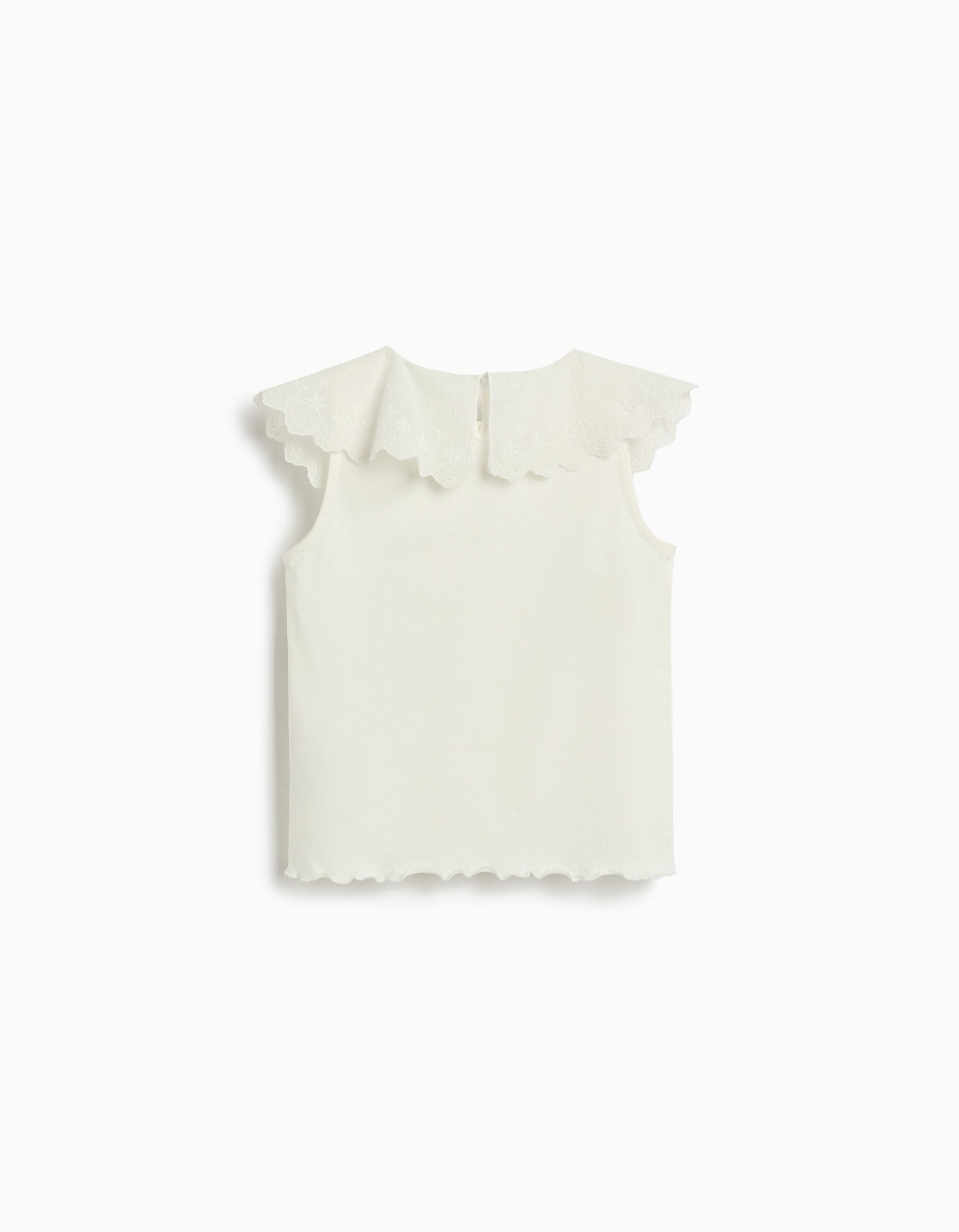 T-shirt com Gola em Bordado Inglês, Menina, Branco