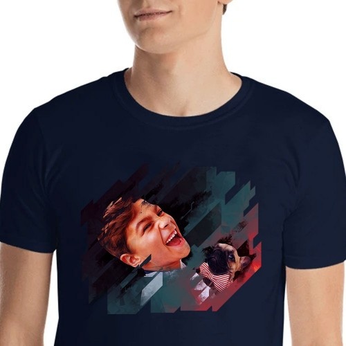 Camiseta eletrônica masculina Mascochula personalizada com a foto do seu animal de estimação, azul marinho.