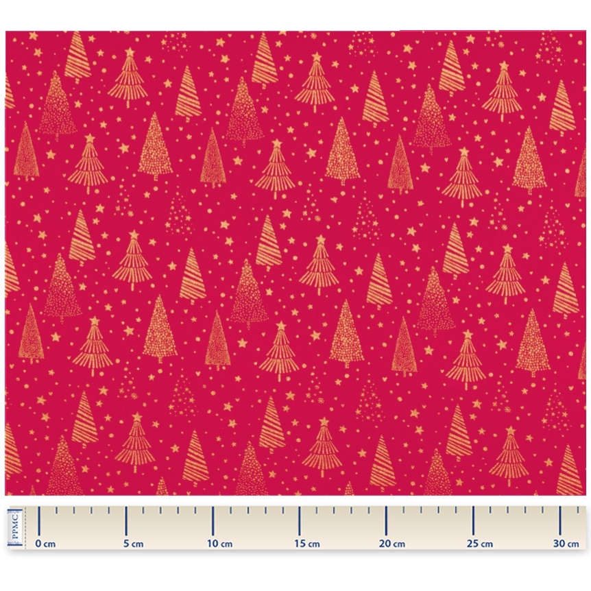 Coupon Tissu Coton 1.5 M - Ex2347 Noël Sapins Étoiles Or Rouge