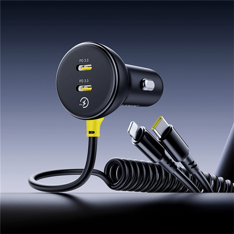 (60W) Dual USB C Spiral Auto KFZ Ladegerät mit USB C und Lightning Ladekabel PD - Schwarz