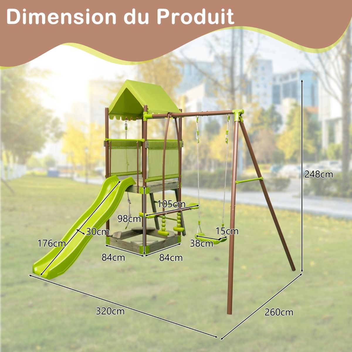 Balançoire 7-en-1 Aire de Jeu en Métal avec Fort Couvert Réglable en Hauteur Corde d'Escalade Bac à Sable Glisseur Toboggan Ondulé Vert - Lidl-Manfred
