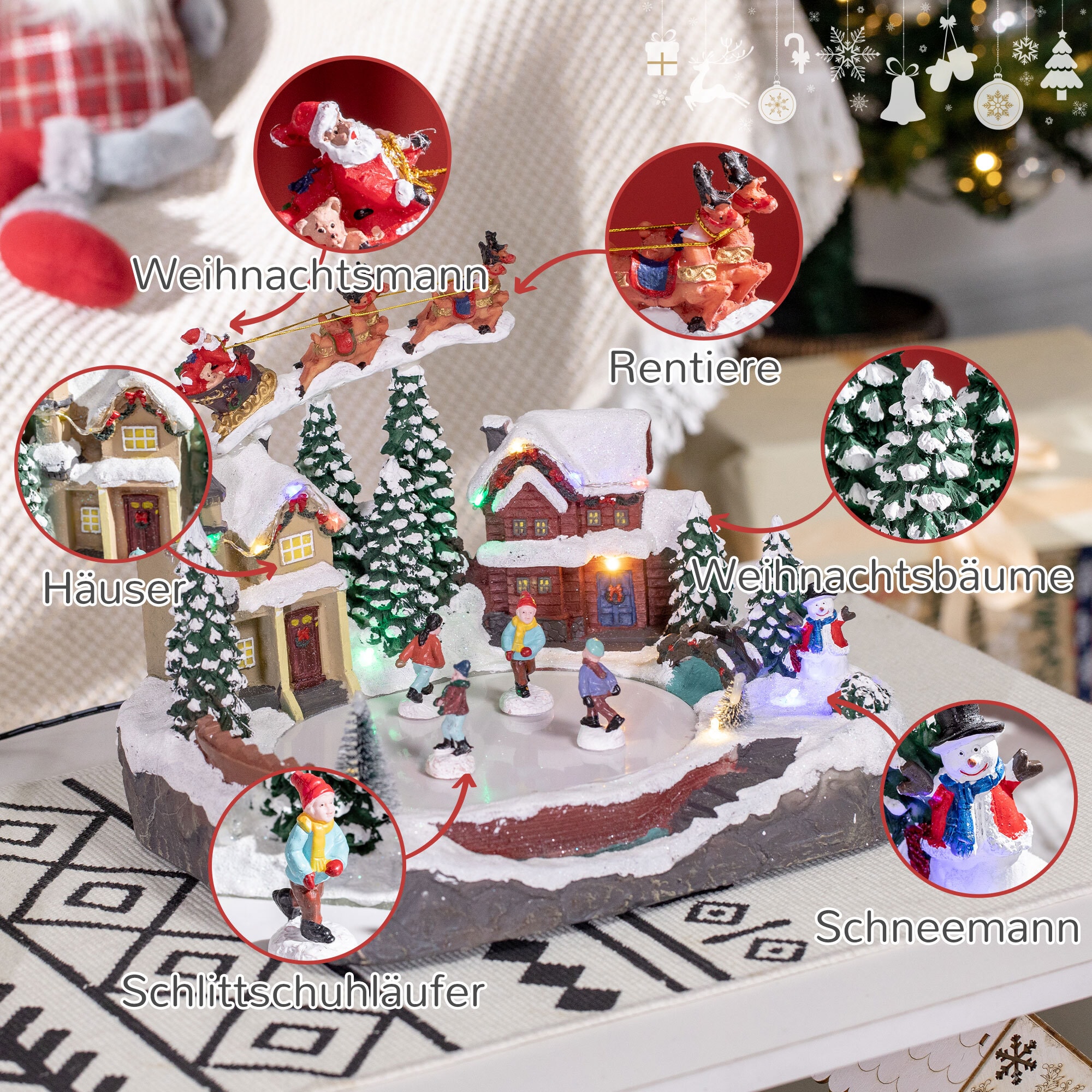 HOMCOM Weihnachtsdorf mit LED-Beleuchtung bunt 30L x 24,5B x 23H cm