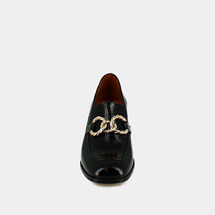 Mocassins à bouts carrés et boucles dorées  en cuir brillant noir