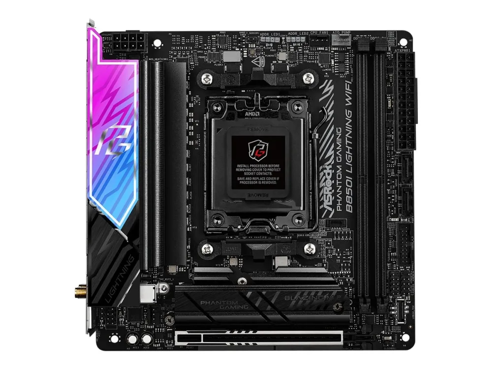 ASRock Phantom Gaming B850I LIGHTNING WIFI - Bundkort - mini ITX - Socket AM5 - AMD B850 Chipset - USB-C 3.2 Gen2, USB-C 3.2 Gen 1, USB 3.2 Gen 2, USB 3.2 Gen 1 - Wi-Fi 6E, Bluetooth, 2.5 Gigabit LAN - onboard grafik (CPU påkrævet) - HD Audio (8-kana