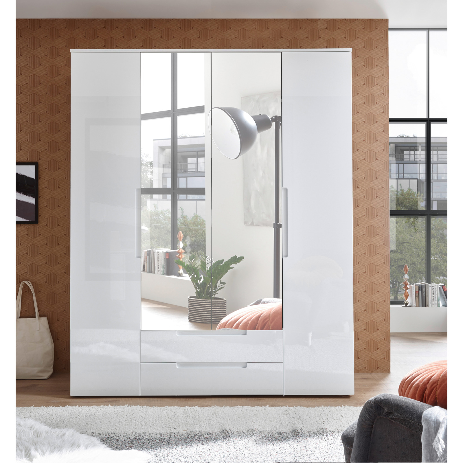 Drehtürenschrank Spice weiss, mit Spiegel 160 x 208 x 57 cm