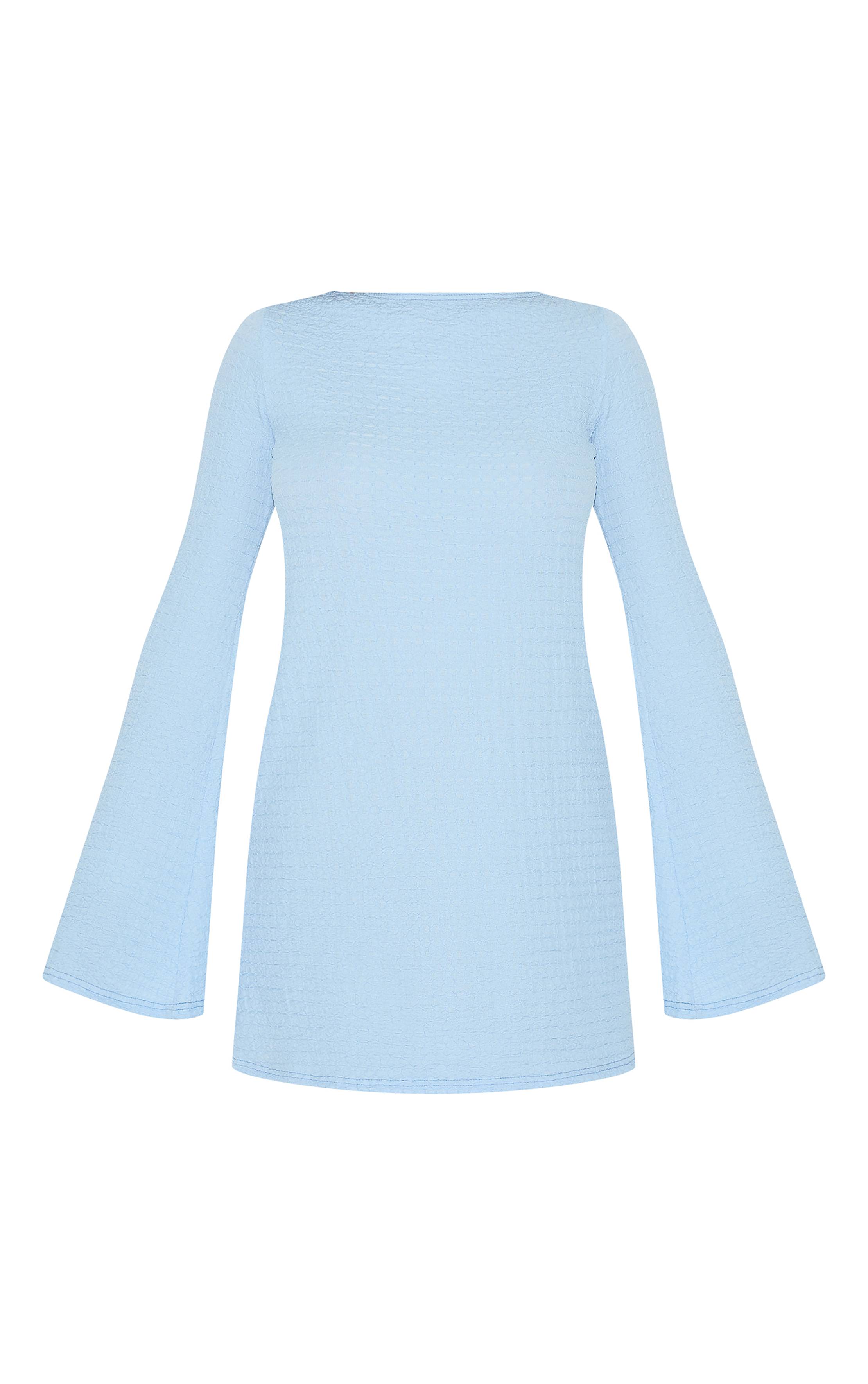 Bleu Clair Robe Droite À Manches Longues Col Bateau Texturée