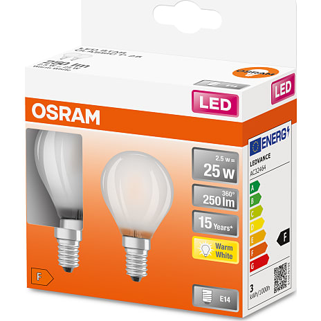 Osram 2 pak LED kronepærer 2,5W - varmt hvidt lys