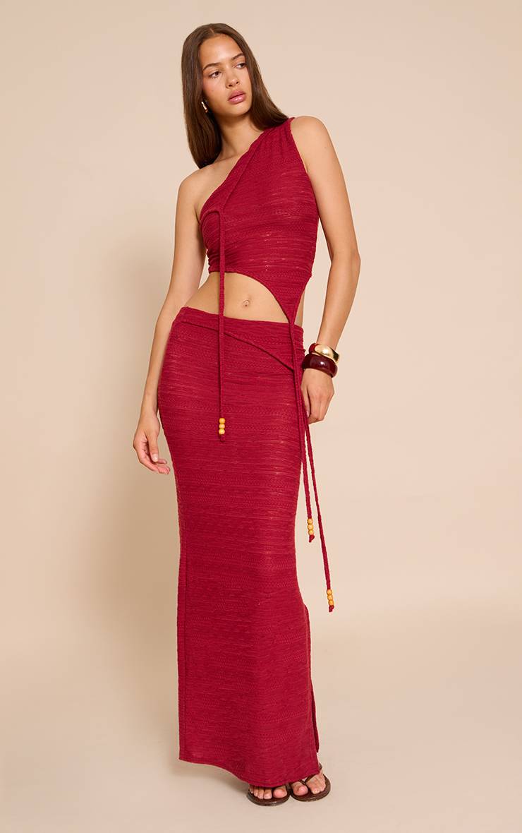 Rouge Jupe Longue Asymétrique À Perles Texturées
