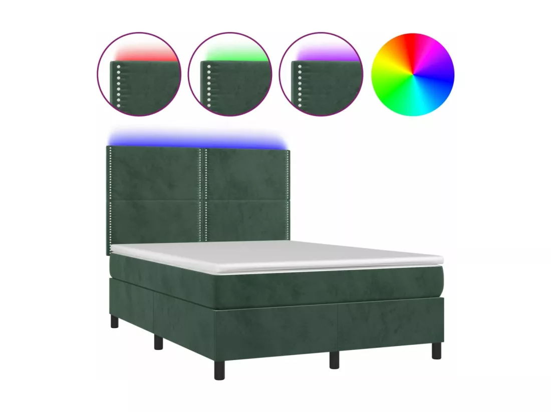 Sommier tapissier matelas et LED Vert foncé 140x200 cm Velours