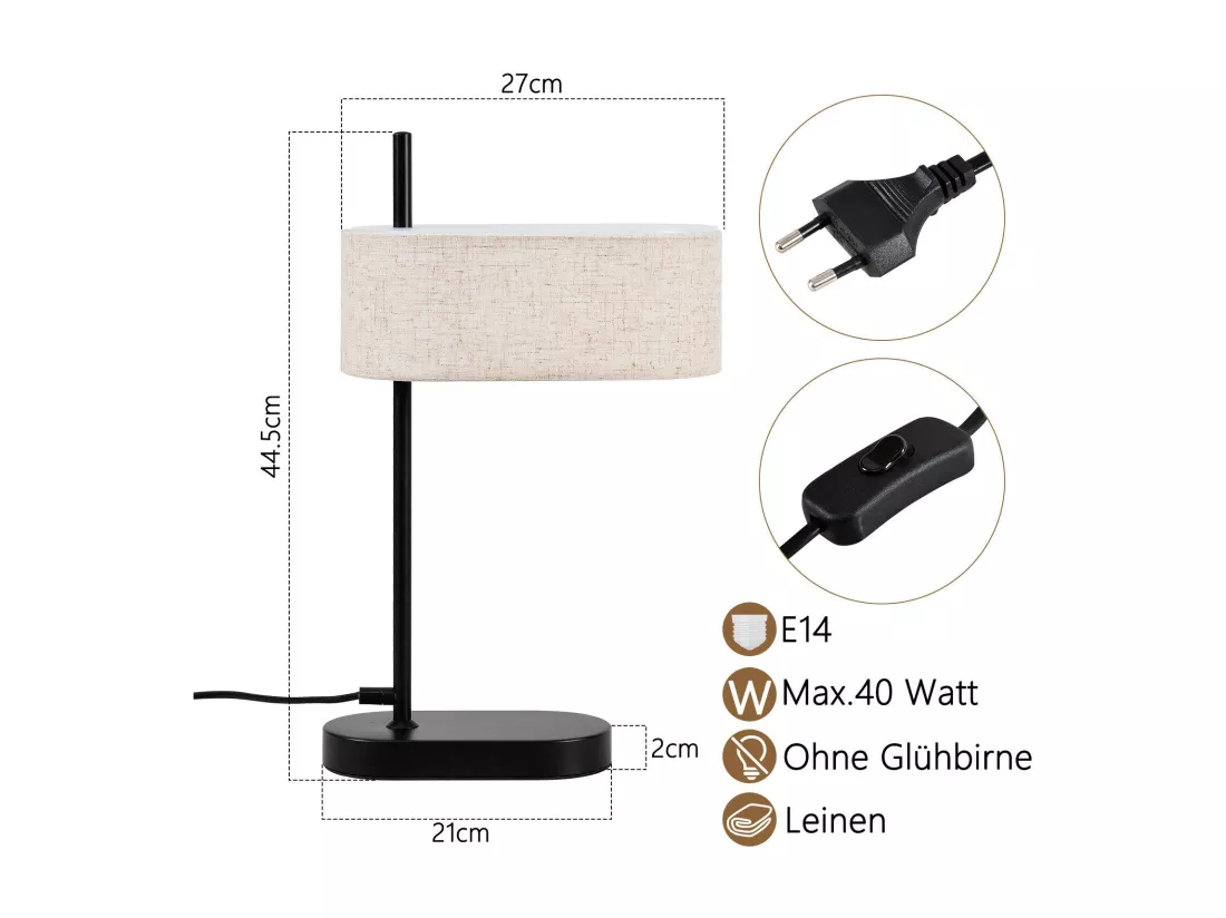 NETTLIFE Lampe de chevet chambre vintage 44,5cm E14 abat-jour en tissu lin noir avec interrupteur, sans ampoule