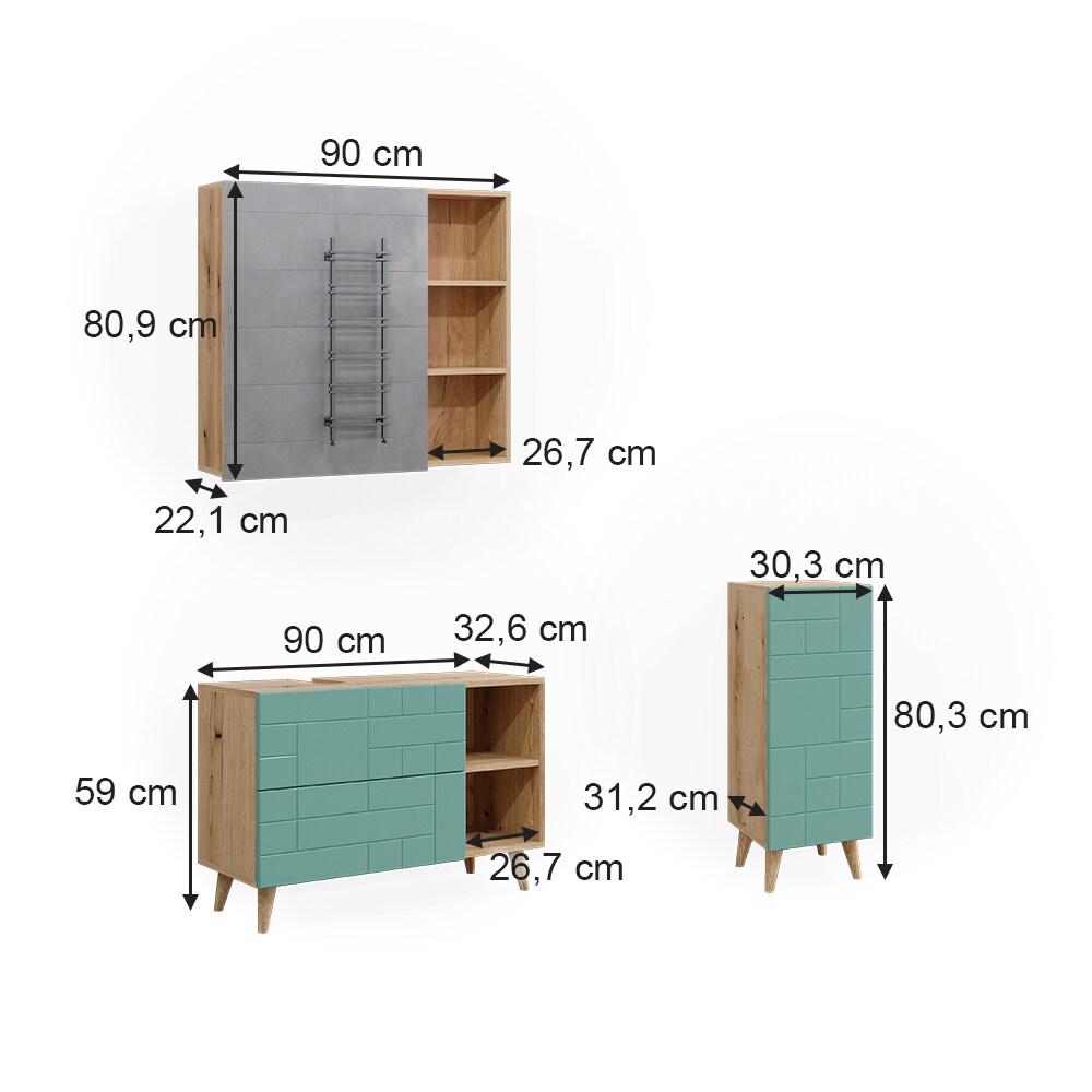 Vicco Badmöbel-Set Rudi in Eiche Evoke Mintgrün, Badezimmer, moderne Badserie Waschbeckenunterschrank Spiegelschrank Midischrank