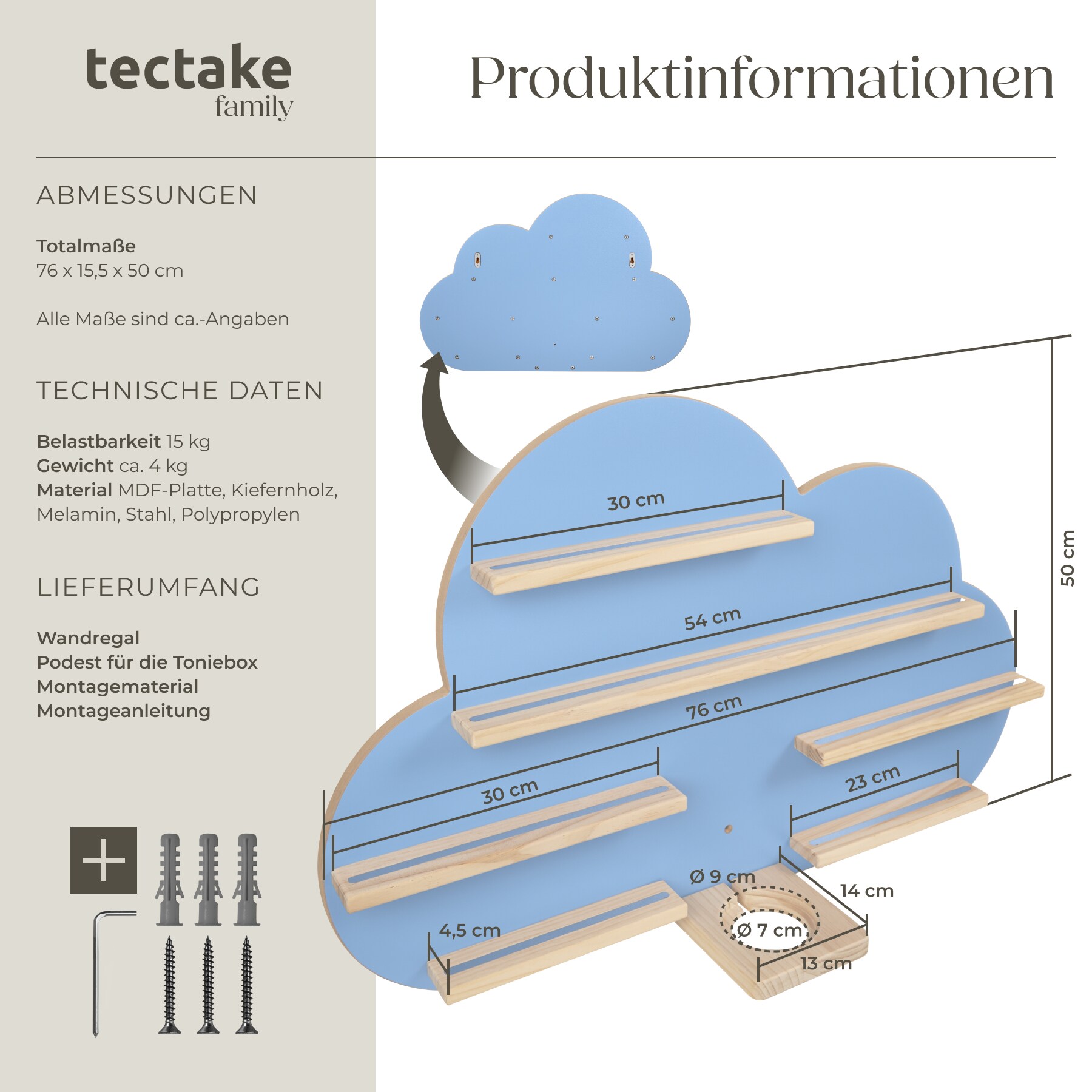 tectake® Wandregal, für bis zu 28 Tonies, abgerundete Ecken, 76 x 15,5 x 50 cm, unsichtbare Aufhängung