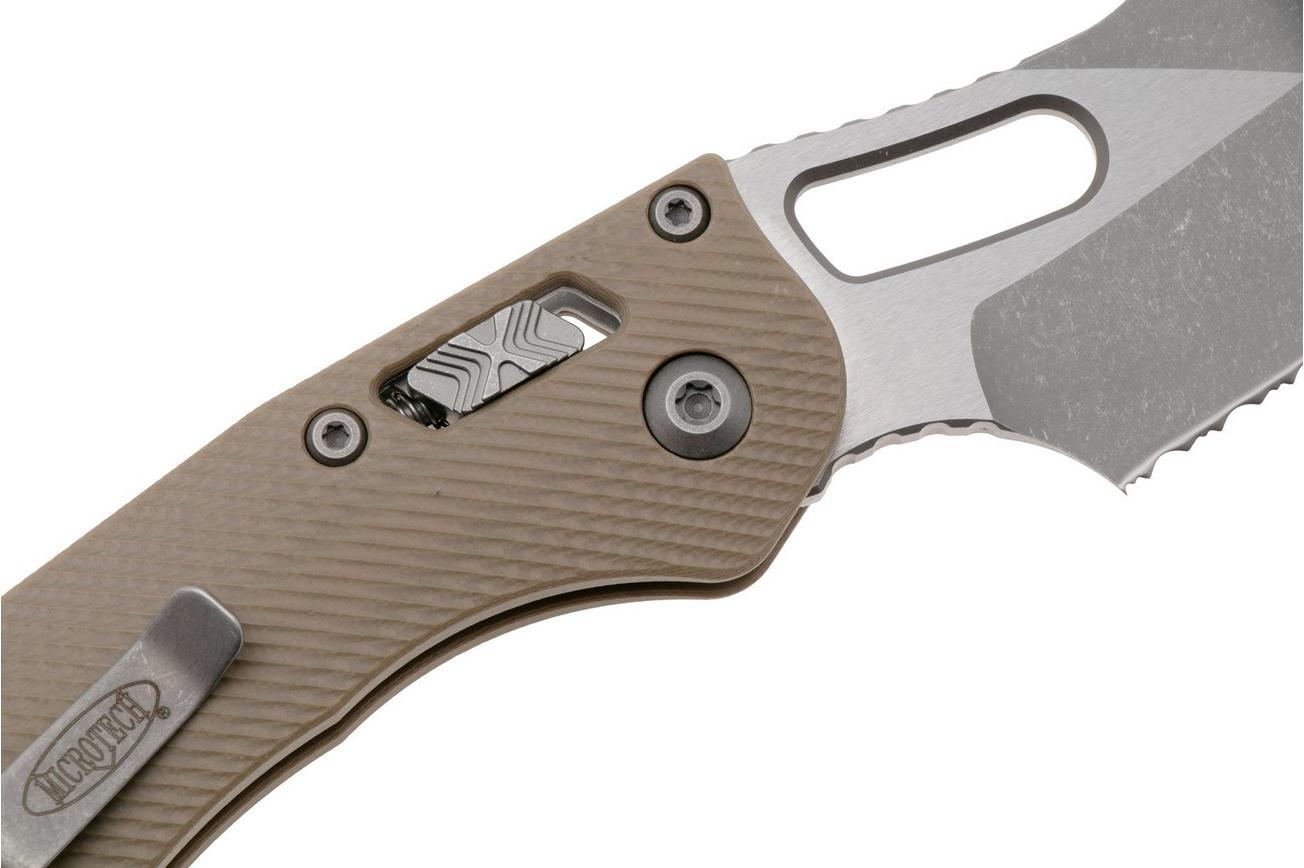 Microtech Stitch 169RL-11APFLGTTA, Apocalyptic Stonewashed M390MK, Fluted Tan G10, partial serrated zakmes, Borka Blades design