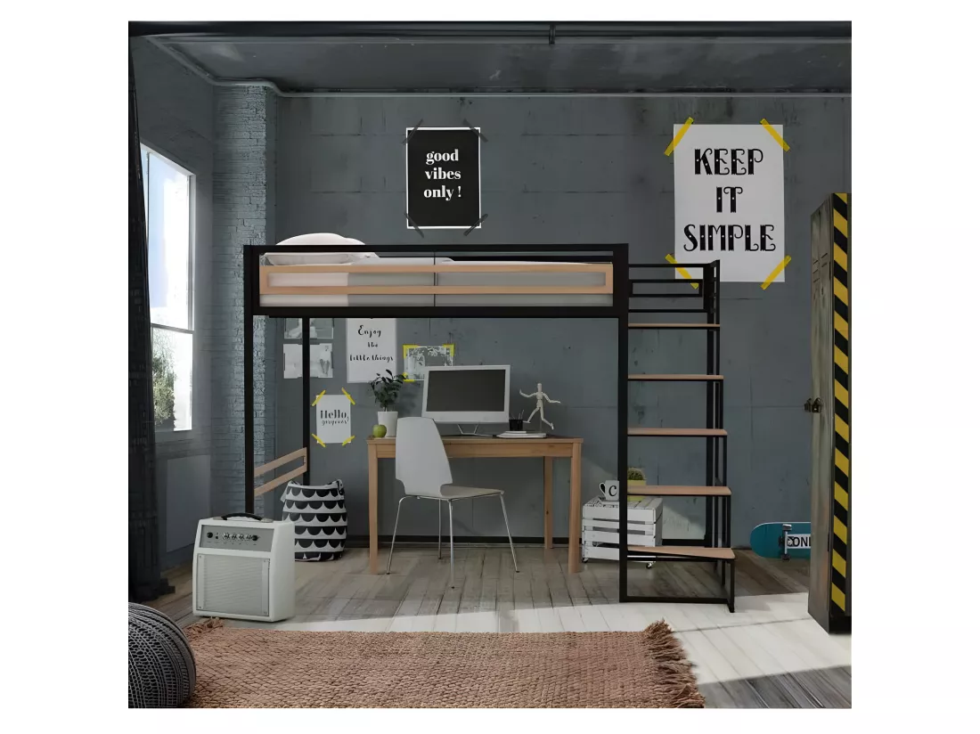 Lit mezzanine - 140x190 cm - Métal - Noir - Sommier inclus - LEON