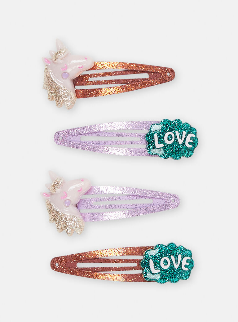 4 barrettes fantaisies violettes et pastel