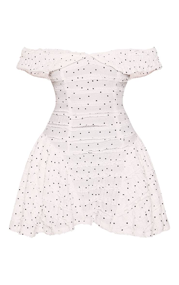 Blanc Robe Droite Bardot Texturée À Pois
