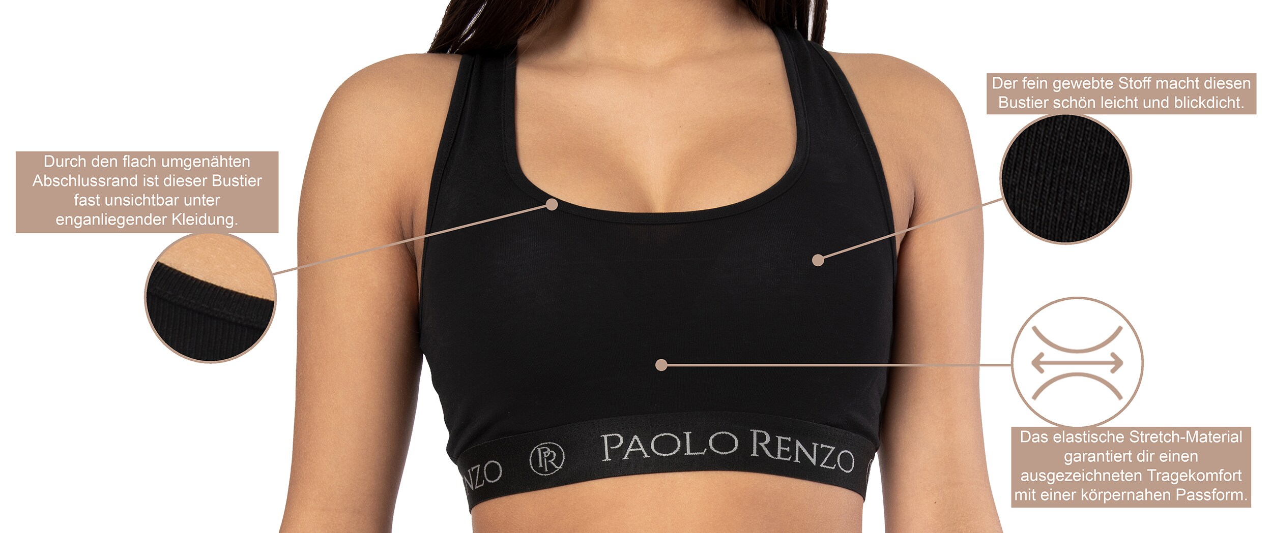 Paolo Renzo® Damen Baumwoll-Bustier SPORT LINE 3 Paar - Größe S - Grau